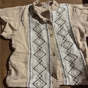Cuban Kids Tan Button Down Shirt with Embroidered Design